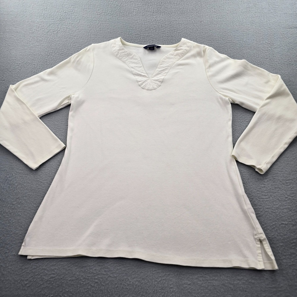 Lands End Top Womens Medium Beige V Neck Beaded Side Slits Long Sleeve Casual